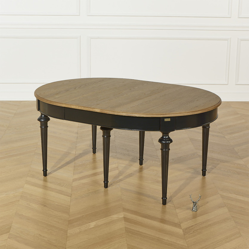 Table à manger extensible AMBRE - Style shabby chic, plateau en chêne, 4/10 couverts