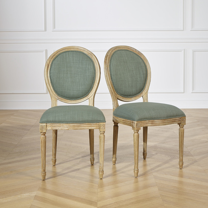Lot de 2 chaises MEDAILLON SAUGE - Style Louis XV en tissu vert sauge et bois massif