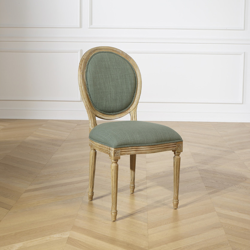 Lot de 2 chaises MEDAILLON SAUGE - Style Louis XV en tissu vert sauge et bois massif