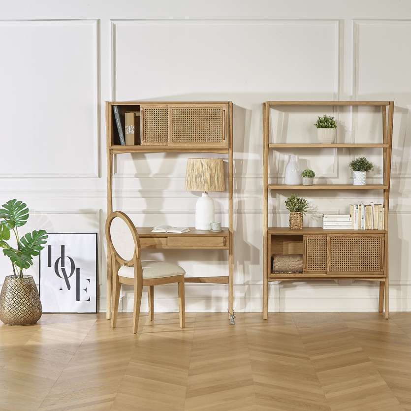 Bureau étagère KITTY - Style moderne en bois et cannage, 1 caisson, 1 tiroir