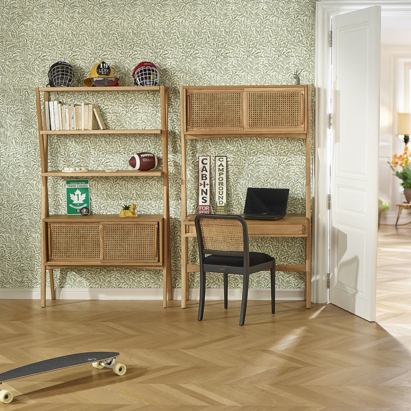 Bureau étagère KITTY - Style moderne en bois et cannage, 1 caisson, 1 tiroir