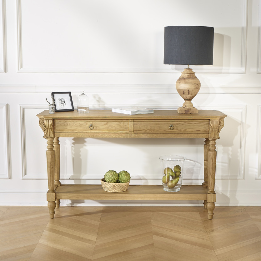 Console simple CLAUDE – Style shabby chic, plateau en chêne, 2 tiroirs