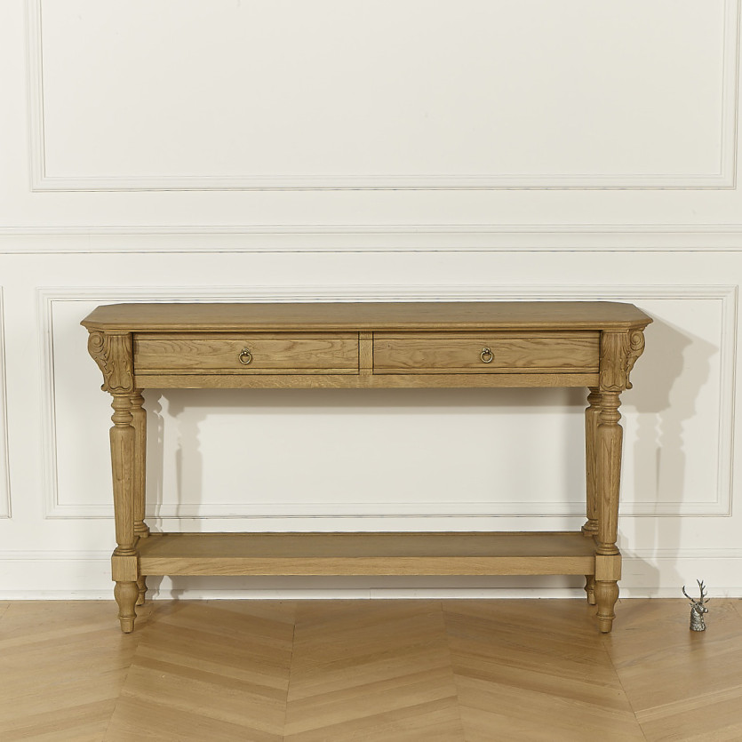 Console simple CLAUDE – Style shabby chic, plateau en chêne, 2 tiroirs