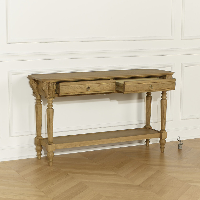 Console simple CLAUDE – Style shabby chic, plateau en chêne, 2 tiroirs