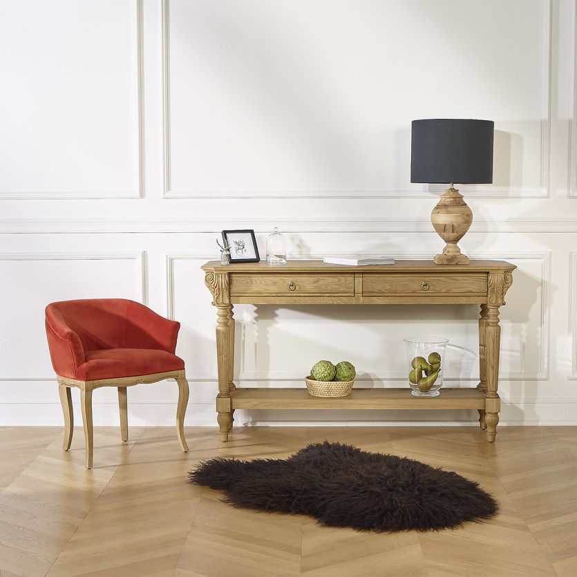 Eenvoudige CLAUDE-bijzettafel – Shabby chic-stijl, eikenhouten blad, 2 lades