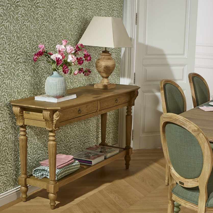 Console simple CLAUDE – Style shabby chic, plateau en chêne, 2 tiroirs