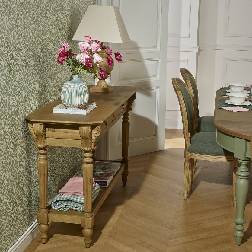 Console simple CLAUDE – Style shabby chic, plateau en chêne, 2 tiroirs