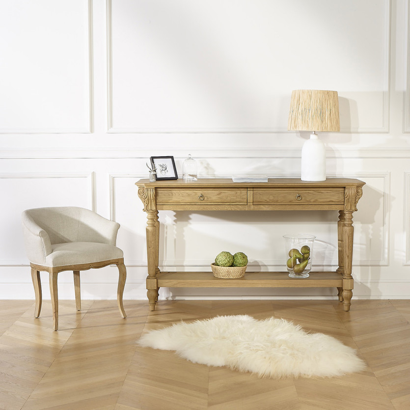 Esszimmerkonsole CLAUDE – Shabby-Chic-Stil, Eichenplatte, 2 Schubladen