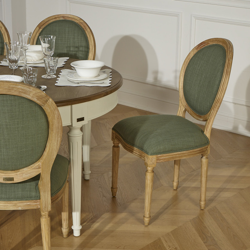 Lot de 2 chaises MEDAILLON SAUGE - Style Louis XV en tissu vert sauge et bois massif