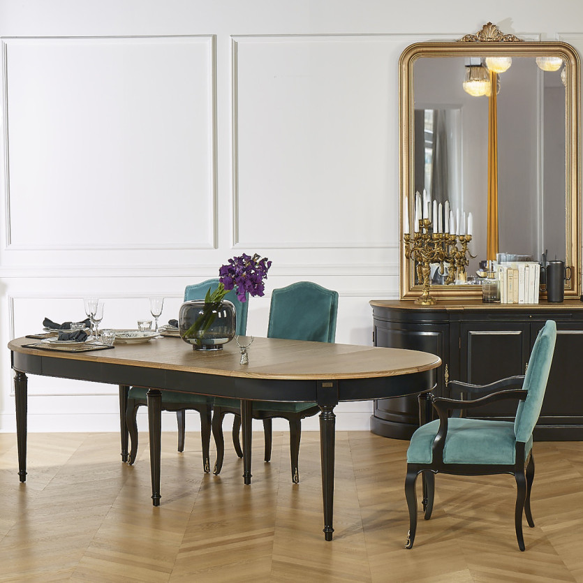 FLORENCE - Mesa de comedor extensible negra estilo shabby chic de roble, 4/10 cubiertos