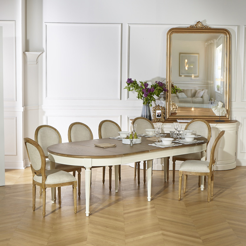 Uitschuifbare eettafel FLORENCE - Romantische stijl in eiken, witte poten, 4/10 couverts