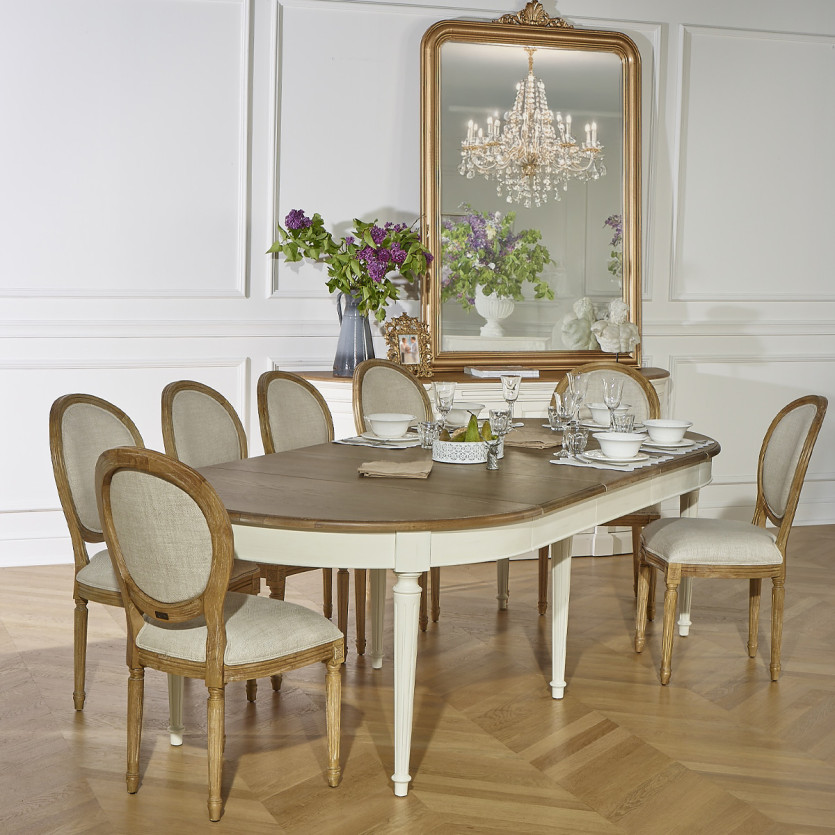 Table à manger à rallonges FLORENCE - Style romantique en chêne, 4/10 couverts, bois certifié FSC®