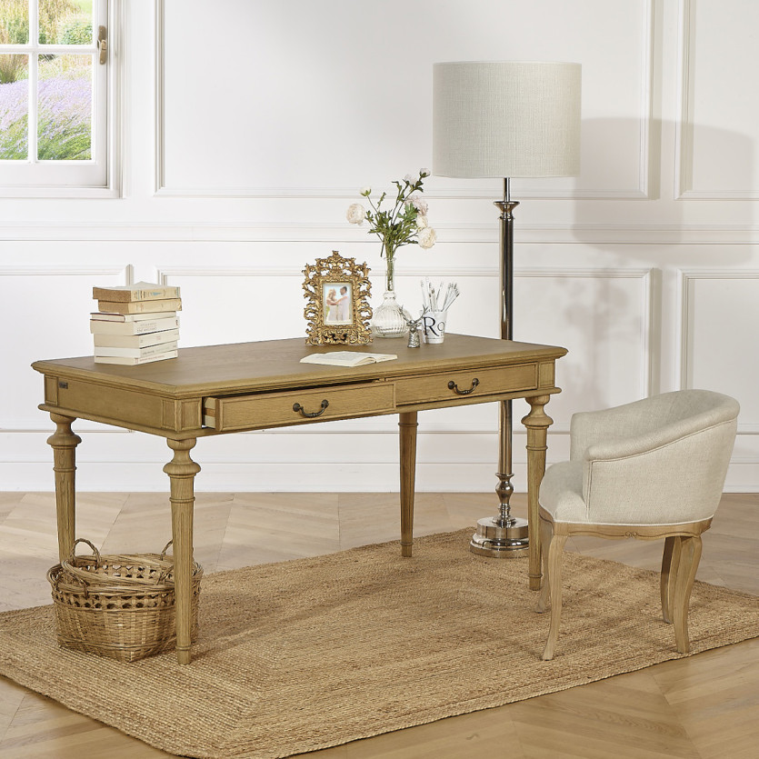 Fauteuil bureau GRETA - Style classique en lin premium et bois massif