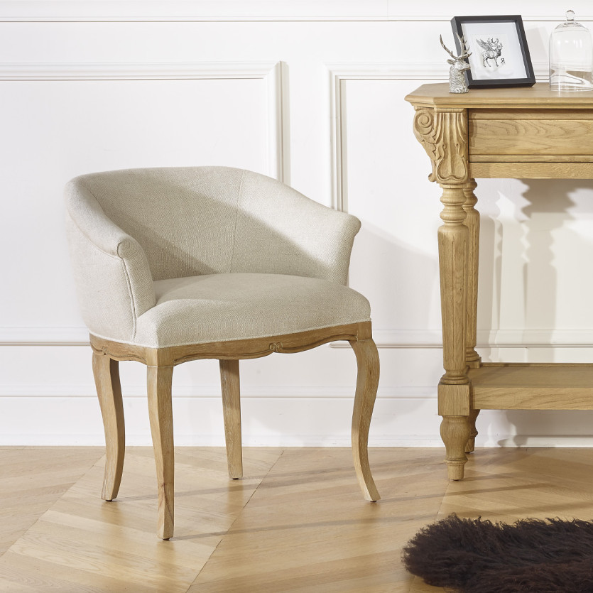 Fauteuil bureau GRETA - Style classique en lin premium et bois massif