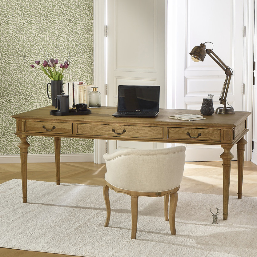 MEGHAN - Grand bureau style shabby chic en chêne, 3 tiroirs, bois certifié FSC®