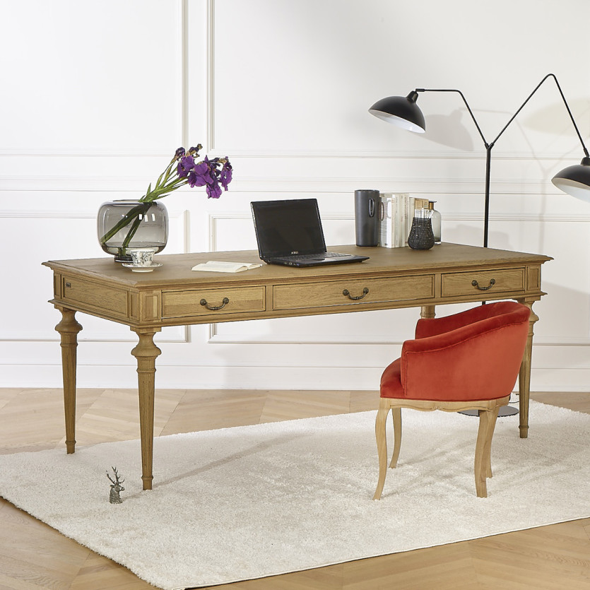 Fauteuil bureau GRETA - Style classique en velours brique et bois massif