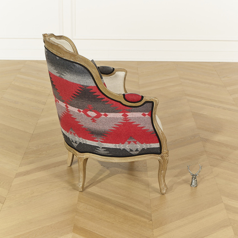 Fauteuil bergère VICTOR NAVAJO - Style chalet en laine imprimée, lin naturel et bois massif, 1 place