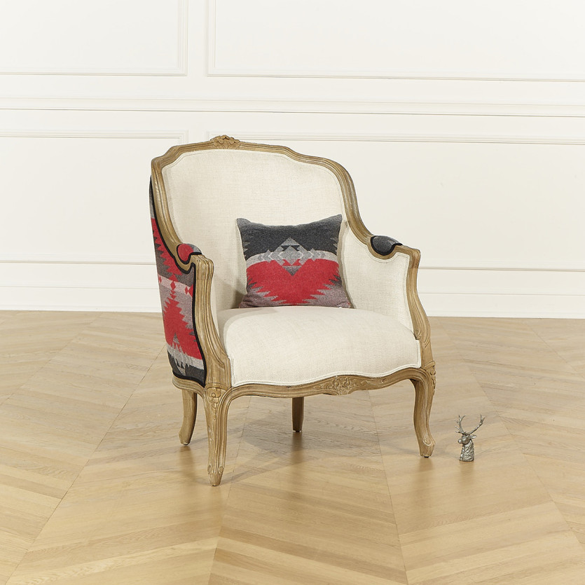 Fauteuil bergère VICTOR NAVAJO - Style chalet en laine imprimée, lin naturel et bois massif, 1 place