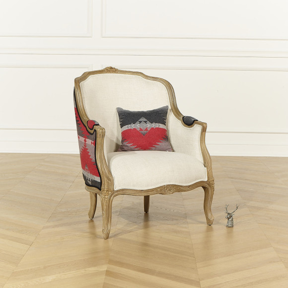 Fauteuil bergère VICTOR NAVAJO - Style chalet en laine imprimée, lin naturel et bois massif, 1 place