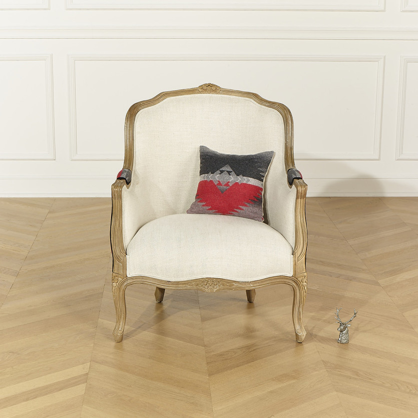 Fauteuil bergère VICTOR NAVAJO - Style chalet en laine imprimée, lin naturel et bois massif, 1 place