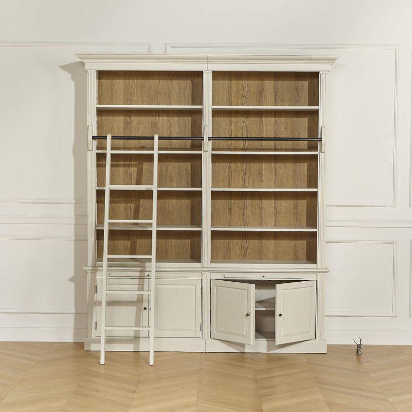 FRANCOIS - Bibliothèque salon style romantique avec échelle coulissante, 4 portes et 8 étagères