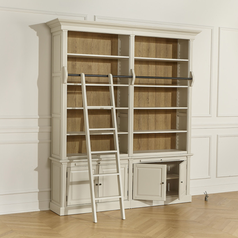 FRANCOIS - Bibliothèque salon style romantique avec échelle coulissante, 4 portes et 8 étagères