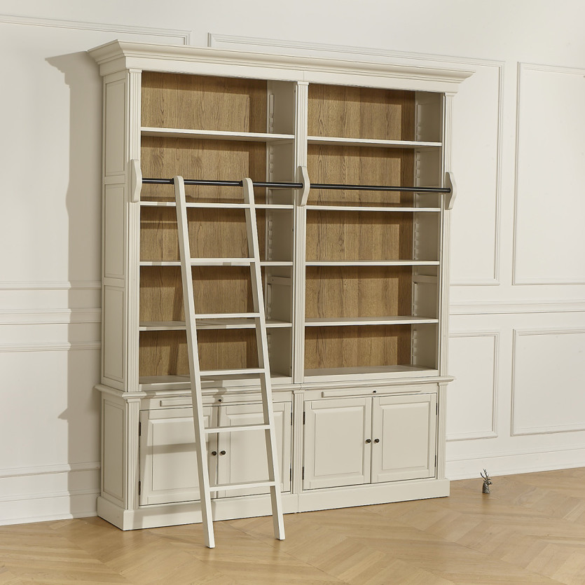 FRANCOIS - Bibliothèque salon style romantique avec échelle coulissante, 4 portes et 8 étagères