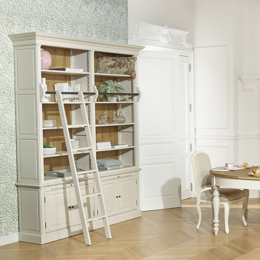 FRANCOIS - Bibliothèque salon style romantique avec échelle coulissante, 4 portes et 8 étagères