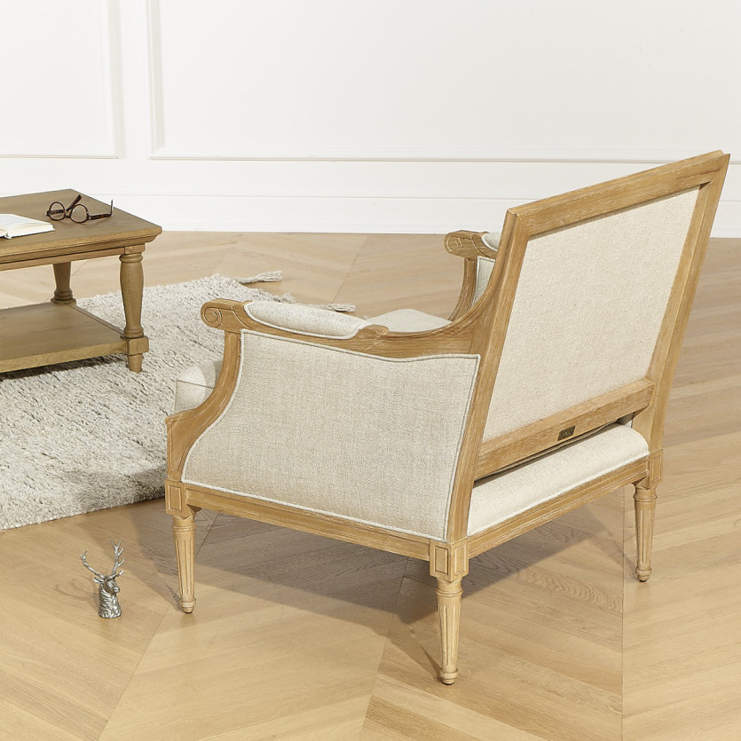 Fauteuil bergère VILLANDRY - Style shabby chic en lin premium et bois massif, 1 place