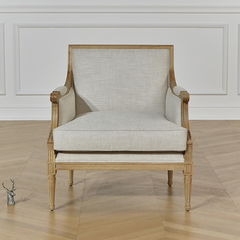 Fauteuil bergère VILLANDRY - Style shabby chic en lin premium et bois massif, 1 place