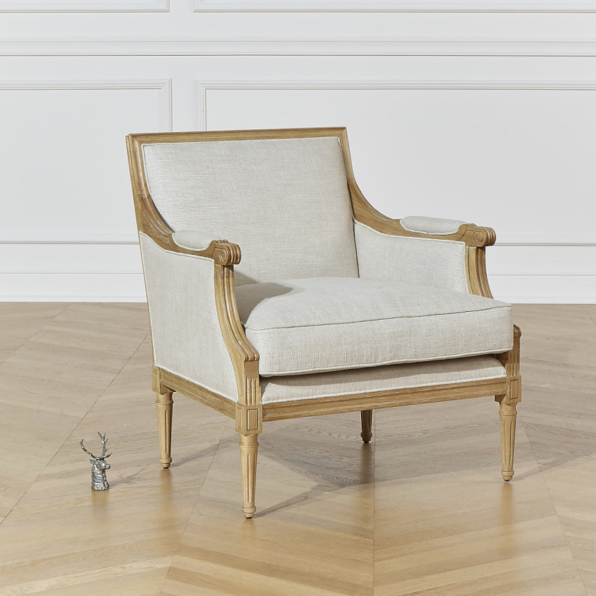 Fauteuil bergère VILLANDRY - Style shabby chic en lin premium et bois massif, 1 place