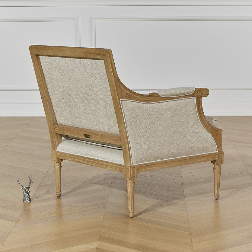 Fauteuil bergère VILLANDRY - Style shabby chic en lin premium et bois massif, 1 place