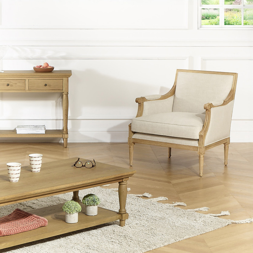 Fauteuil bergère VILLANDRY - Style shabby chic en lin premium et bois massif, 1 place