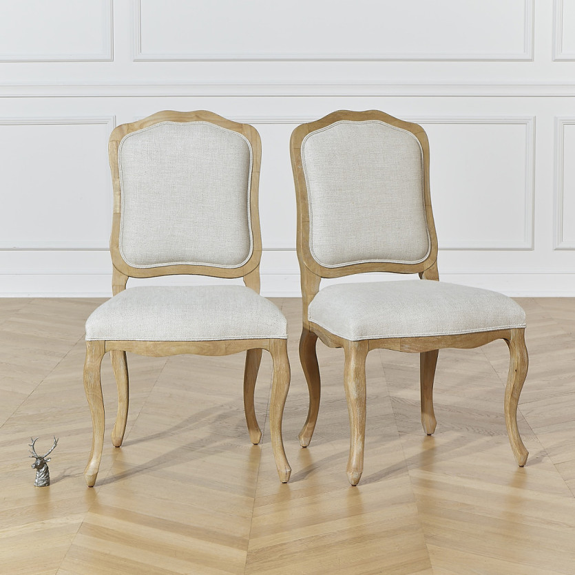 NINA - Lot de 2 chaises style shabby chic en bois massif et lin premium