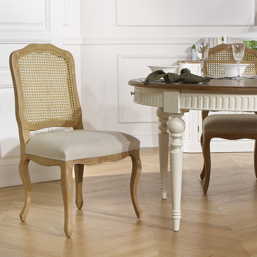 NINA - 2 Premium Linen Whitewashed Chairs with Cane Weaving