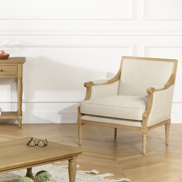 Fauteuil bergère VILLANDRY - Style shabby chic en lin premium et bois massif, 1 place