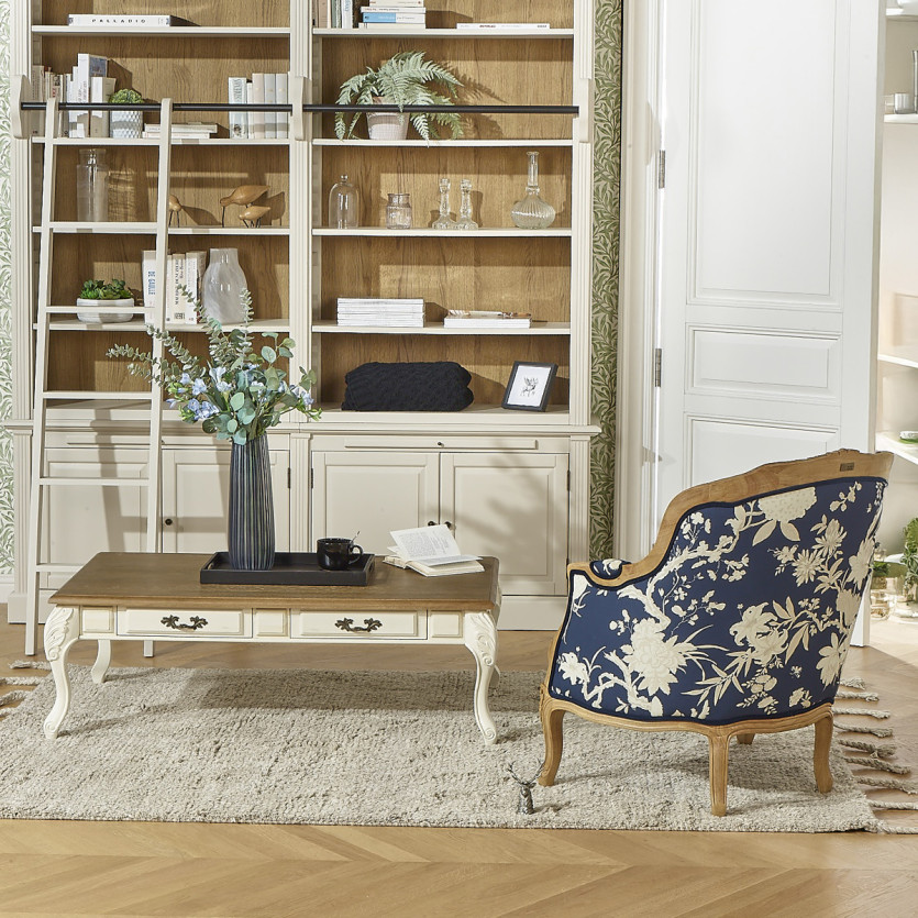Fauteuil bergère VICTOR TEA HOUSE -  Style shabby chic en bois massif et tissu fleuri bleu nuit, 1 place