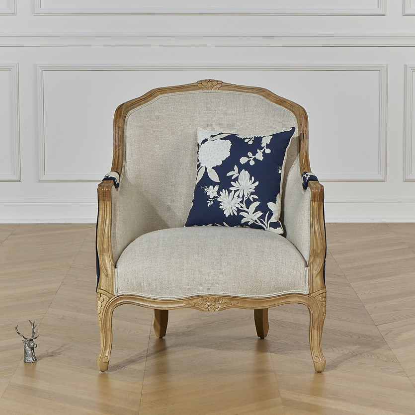 Fauteuil bergère VICTOR TEA HOUSE -  Style shabby chic en bois massif et tissu fleuri bleu nuit, 1 place