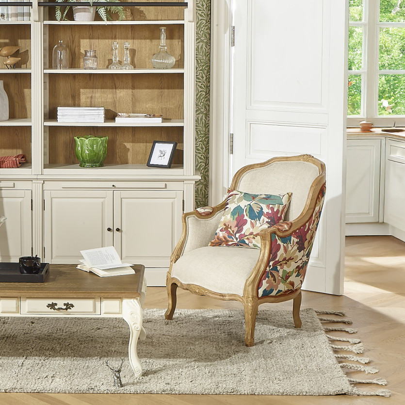 Fauteuil bergère VICTOR ROBIN WOOD -  Style campagne chic, bois massif, lin et tissu imprimé végétal, 1 place