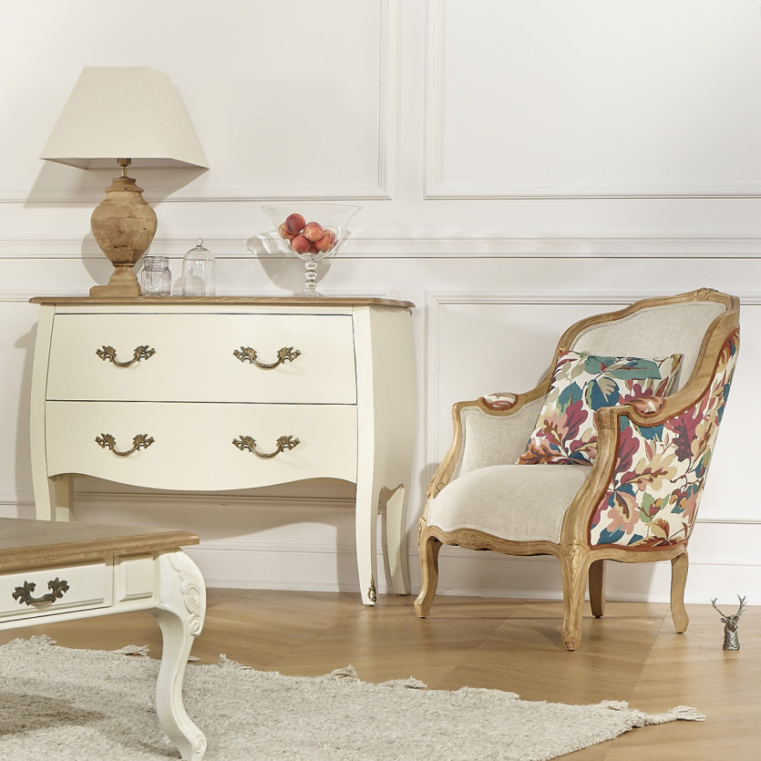 Fauteuil bergère VICTOR ROBIN WOOD -  Style campagne chic, bois massif, lin et tissu imprimé végétal, 1 place