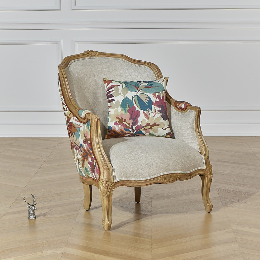 Sillón bergère VICTOR ROBIN WOOD - Estilo campestre chic, madera maciza, lino y tela con estampado vegetal, 1 plaza