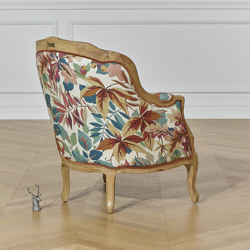 Fauteuil bergère VICTOR ROBIN WOOD -  Style campagne chic, bois massif, lin et tissu imprimé végétal, 1 place