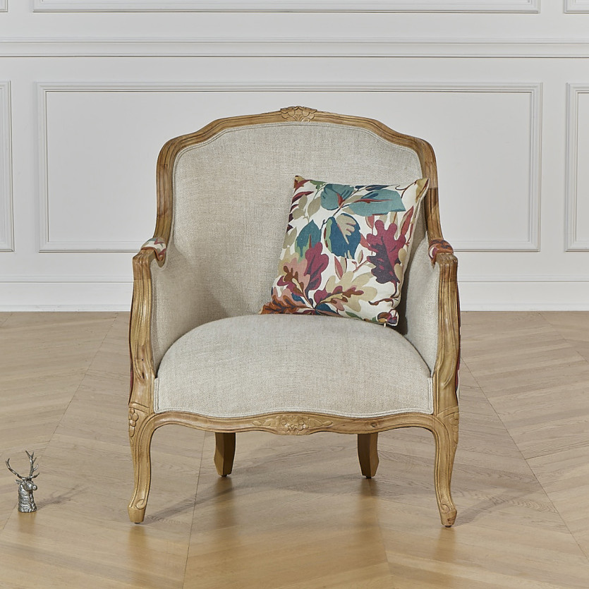 Fauteuil bergère VICTOR ROBIN WOOD -  Style campagne chic, bois massif, lin et tissu imprimé végétal, 1 place