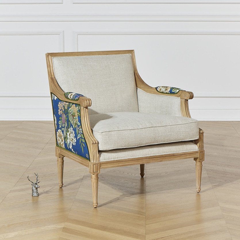 Fauteuil bergère VILLANDRY ROI - Style shabby chic en lin premium et bois massif, 1 place
