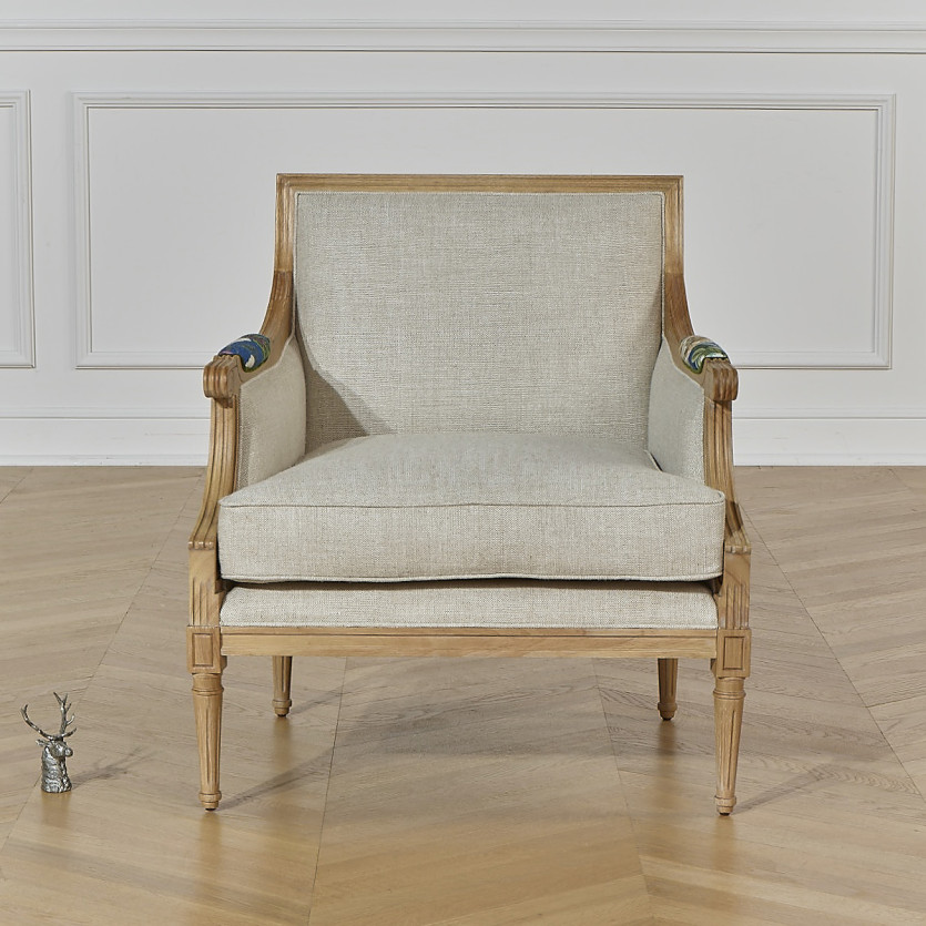 Fauteuil bergère VILLANDRY ROI - Style shabby chic en lin premium et bois massif, 1 place