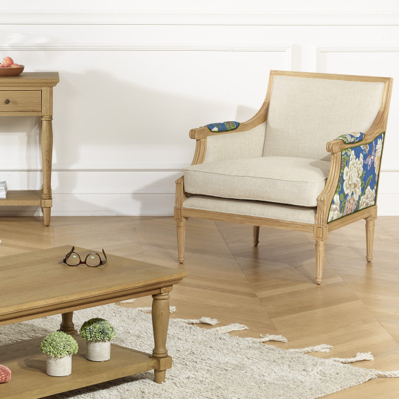 Fauteuil bergère VILLANDRY ROI - Style shabby chic en lin premium et bois massif, 1 place