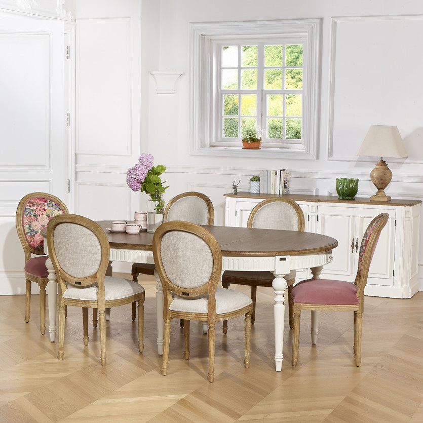 Table à manger extensible BERTRAND - Style shabby chic en bois, pieds blancs, 6/10 couverts