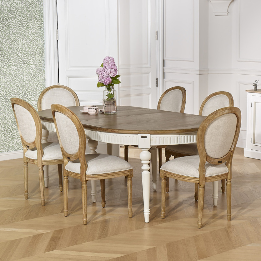 BERTRAND - Mesa de comedor extensible blanca de estilo shabby chic, de madera, 4/14 plazas