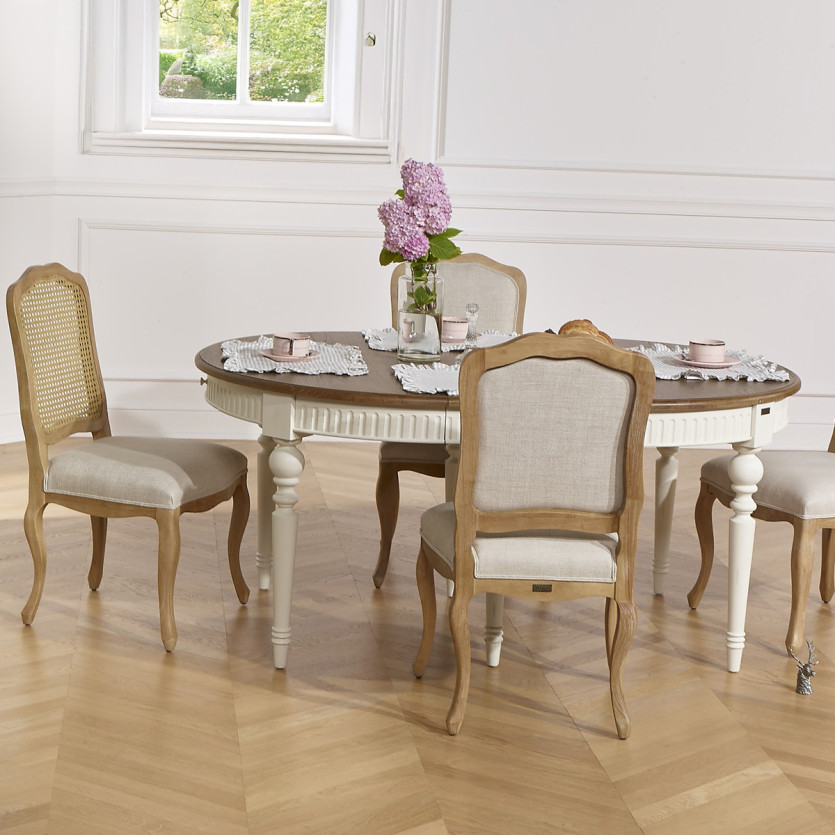 Table à manger extensible BERTRAND - Style shabby chic en bois, pieds blancs, 6/10 couverts