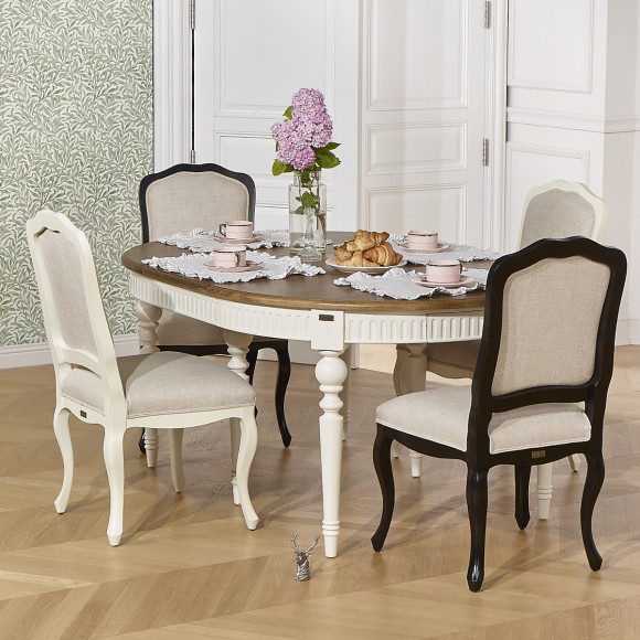 Table à manger extensible BERTRAND - Style shabby chic en bois, pieds blancs, 6/10 couverts